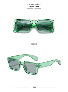 Detail of green transparent square frame sunglasses with metal hinges and CE marking