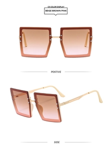 Square beige brown pink gradient sunglasses with gold metal woven temples and rivets