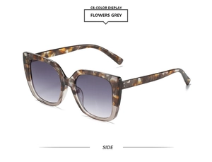 Side view of square sunglasses in flowers grey tortoiseshell with gradient purple lenses