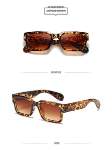 Detailed front and side view of leopard brown rectangle sunglasses with metal accents