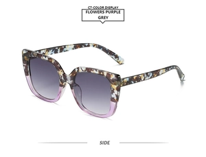 Side view of square sunglasses featuring floral tortoiseshell and purple gradient frame