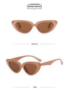 Detailansicht der braunen Cat-Eye-Sonnenbrille mit retro-transparentem Rahmen vorn und seitlich