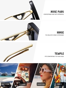 Detail of square sunglasses with hollow heart temples and scene-based wear showcase
