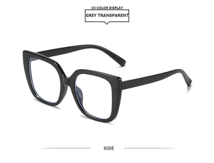 Side view of square transparent grey eyeglasses with thick temples and modern frame
