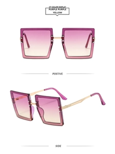 Detailed front and side views of oversized square metal sunglasses with gradient lenses
