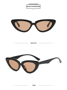 Vorder- und Seitenansicht der Katzenaugen-Sonnenbrille mit schwarzem Rahmen und Champagner-Gläsern