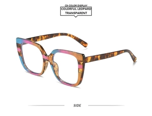 Side view of leopard print square frame sunglasses with colorful striped accents