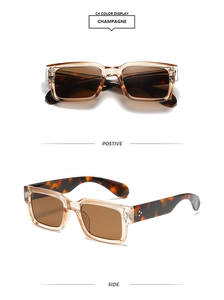 Detailed front and side view of champagne square sunglasses with leopard print temples