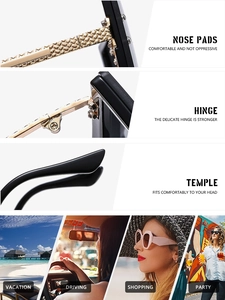 Macro detail of golden metallic hinge and woven texture on square frame sunglasses
