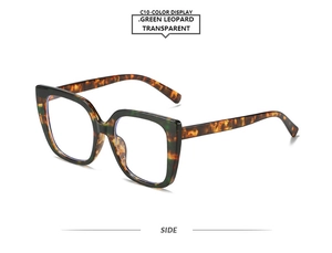 Side view of square thick-frame glasses in green leopard pattern with clear lenses