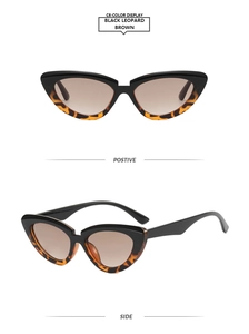 Front- und 45-Grad-Seitenansicht der schwarzen Cat-Eye-Sonnenbrille mit Leopardenmuster