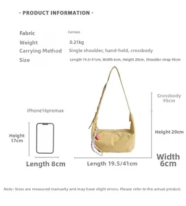 Yellow canvas dumpling bag size comparison with dimensions and pink heart charm detail