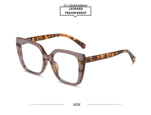Side view of tortoise square glasses featuring brown transparent striped frame details