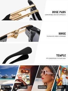 Detail of reinforced gold hinges and comfortable nose pads on black square sunglasses