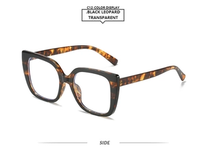 Side view of square sunglasses featuring black frames with stylish leopard print temples
