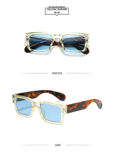 Front and side view of square sunglasses with yellow frames and tortoise temples