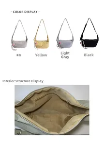 Detail view of crescent crossbody bag with adjustable strap and inner pockets
