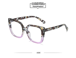 Detail view of square glasses frames in flowers purple tortoiseshell gradient finish