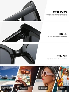 Detail view of reinforced metal hinges and integrated nose pads on black square sunglasses