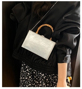 Close-up of a silver metallic box bag with a bamboo handle and crossbody chain
