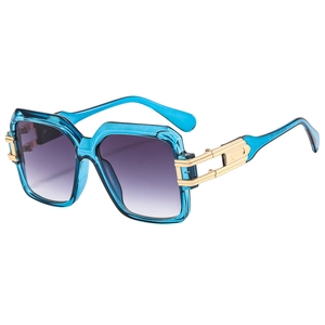 Fashion square blue sunglasses with purple gradient lenses and gold metal temple detail