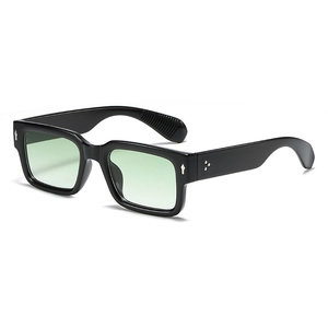 Chic black square frame sunglasses with light green lenses and silver arrow accents