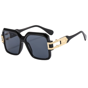 Fashionable oversized square black sunglasses with luxury gold metal hollow temples for women