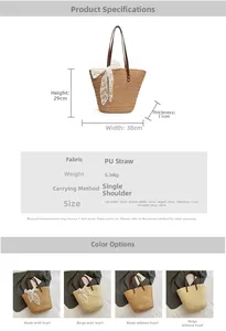 Detailmaße für Strohtasche mit Abmessungen und dekorativem Spitzenband-Accessoire