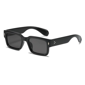 Fashionable square black frame sunglasses with silver rivets and dark grey lenses