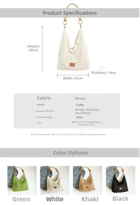 Detailed size chart of hollow knit tote bag with wooden bead handle dimensions