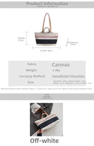 Detailansicht der gestreiften Canvas-Tasche mit Maßen 40cm und braunen Schultergurten