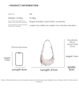 Detailed size chart for crescent bag with phone comparison and PU material specs