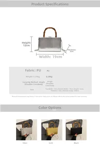 Detailed size specifications for glossy box bag with bamboo handle and metal finish