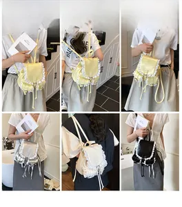 Lace-trim faux leather backpacks in four colors showing drawstring and flap design