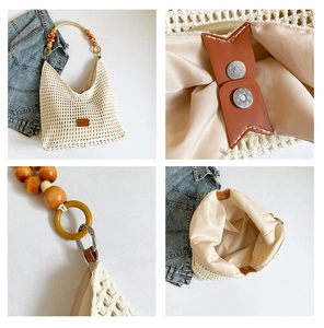 Detail view of woven crochet tote with wooden bead straps and magnetic closure
