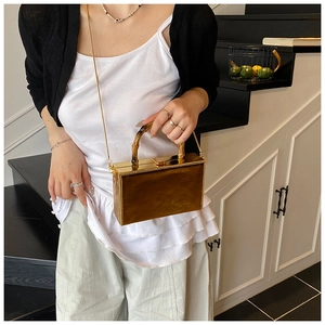 Detail of vintage bronze box bag featuring bamboo handle and elegant metal chain strap