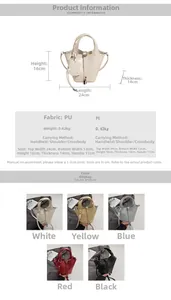 Detailed spec sheet showing five colors and size dimensions of the soft PU leather bucket bag