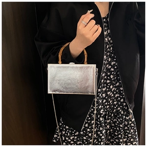 Macro view of silver hard-shell box bag with bamboo handle and metallic pleated texture
