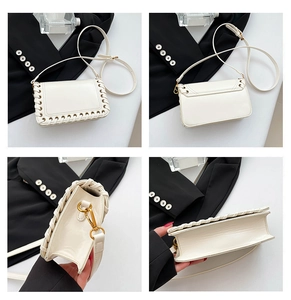 Detailed four-grid view showing the woven edges and structure of the white crossbody bag