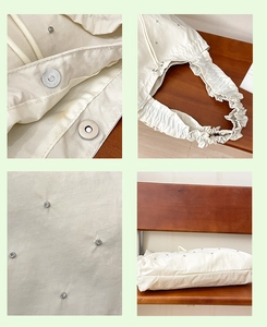 Collage of cream nylon tote bag details featuring rhinestone accents and ruffled strap