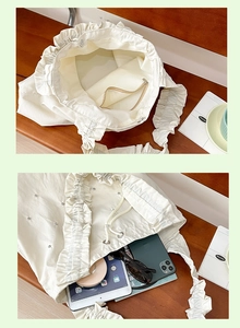 Interior detail of nylon tote bag showing spacious capacity for tablets and daily items