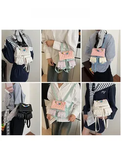 Detailed views of quilted mini backpacks in pastel colors featuring decorative pearl handles