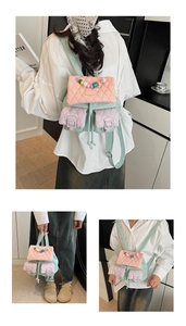 Quilted macaron mint green backpack with colorful bead handle and multi-pocket details