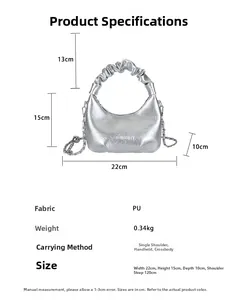 Tableau des tailles du sac hobo argenté en PU, largeur 22cm et hauteur 15cm, détaillé