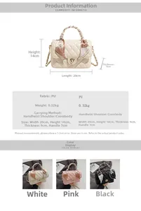 Detailed specs of quilted PU leather box bag with silk scarf handle and gold hardware