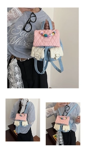 Detail of macaron quilted backpack with colorful pearl handle and multi-color panels