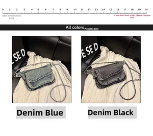 Detail view of denim crossbody bags with frayed edges in blue and black colors