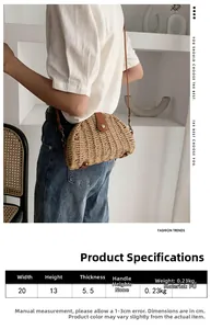 Detail of semi-circular straw bag with brown PU flap showing 20x13x5.5cm dimensions