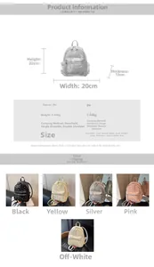Detail of star-studded mini PU backpack showing 20x22x12cm size and multi-color options