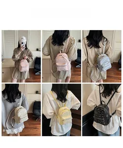 Detailed views of mini quilted backpacks in five colors with adjustable straps